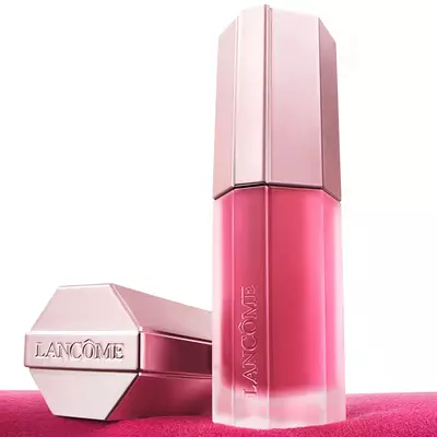 Close-up of Lancome Lip Idole Cuddleblur product packaging in rose gold and pink.