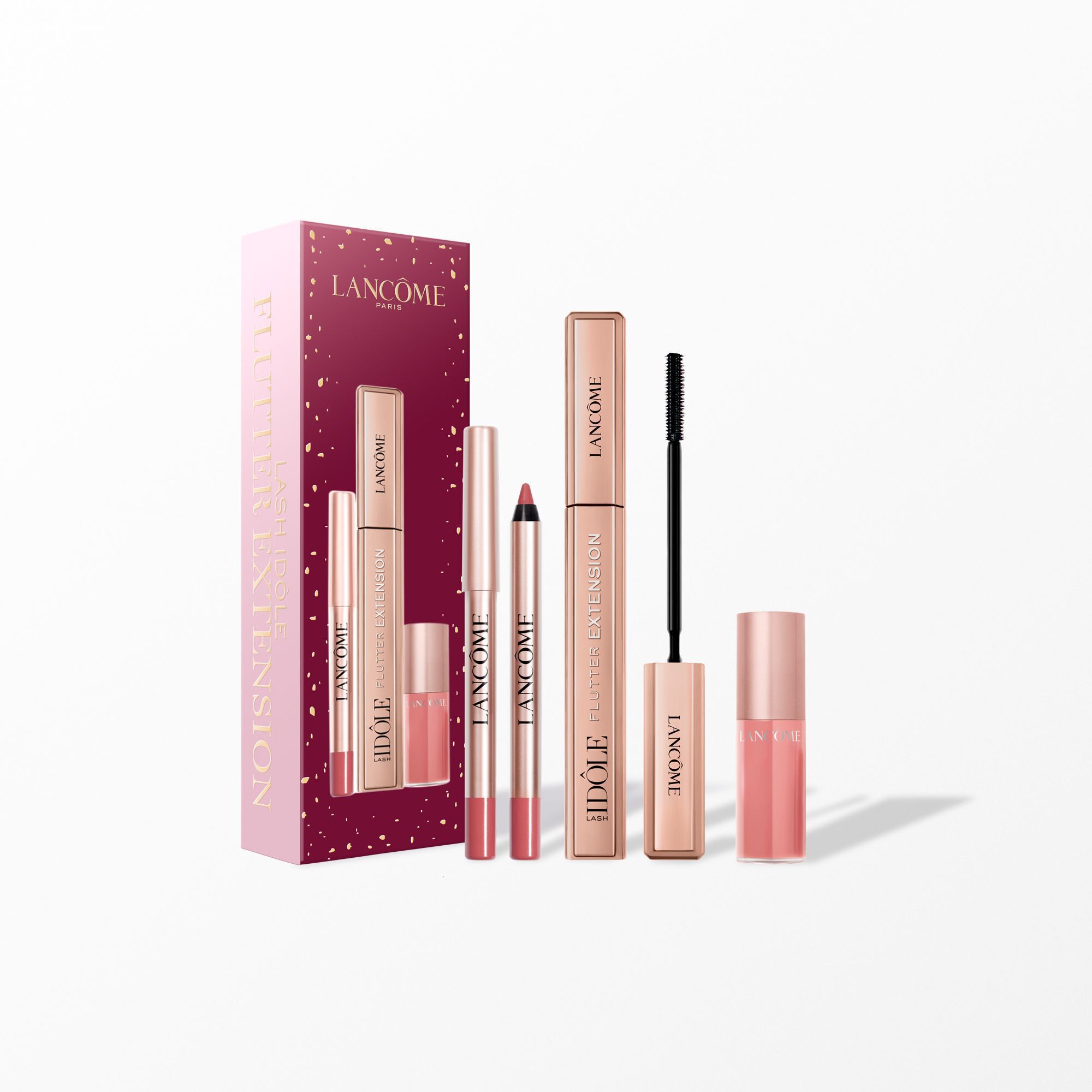Lash Idole holiday set containing: FULL SIZE LASH IDOLE FLUTTER EXTENSION MASCARA - LIP IDOLE LINER 36 MINI - JUICY TREAT 33 MINI 