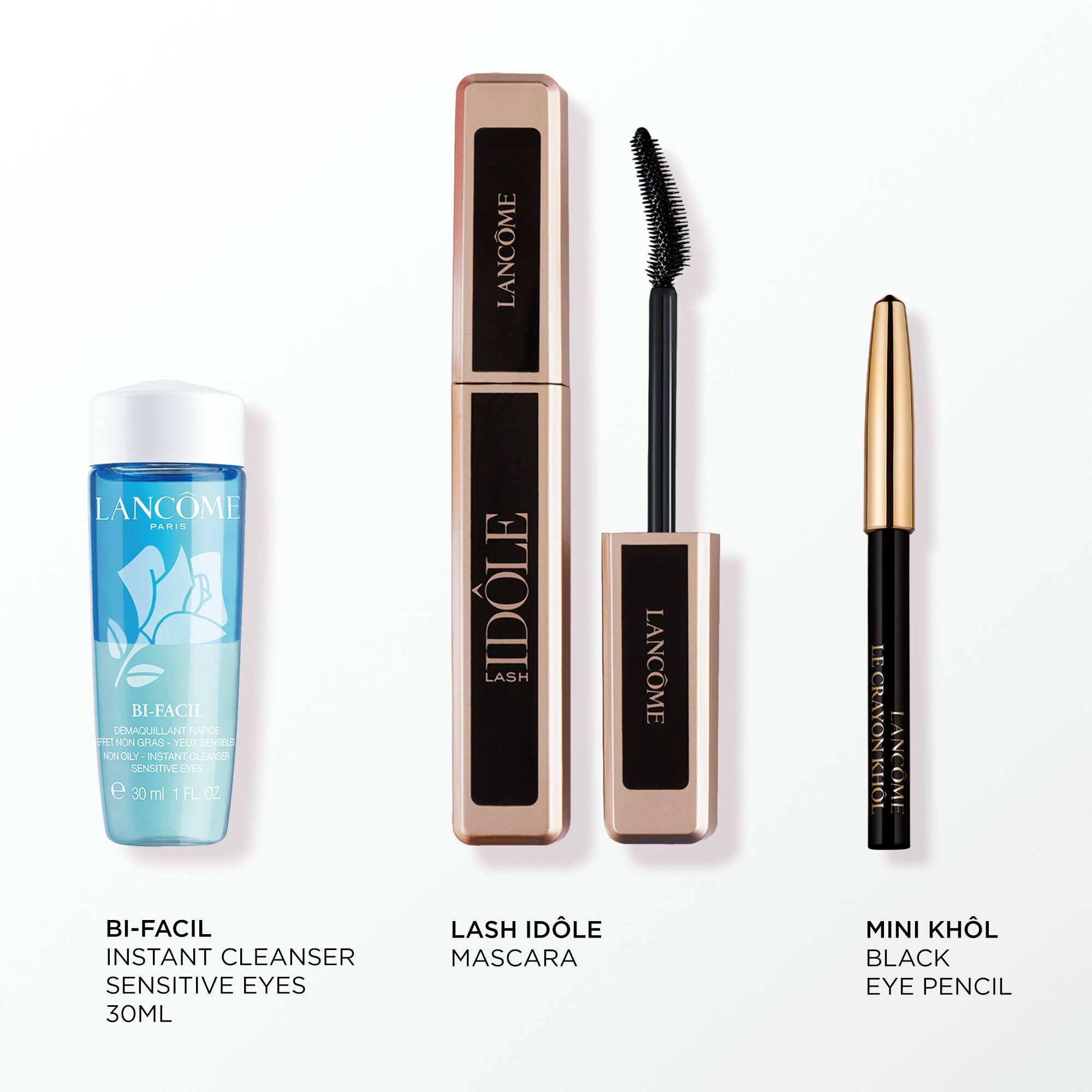 Image of the following products on a white background: FULL SIZE LASH IDOLE MASCARA - MINI CRAYON KHOL LINER - BI FACIL EYE 30ML