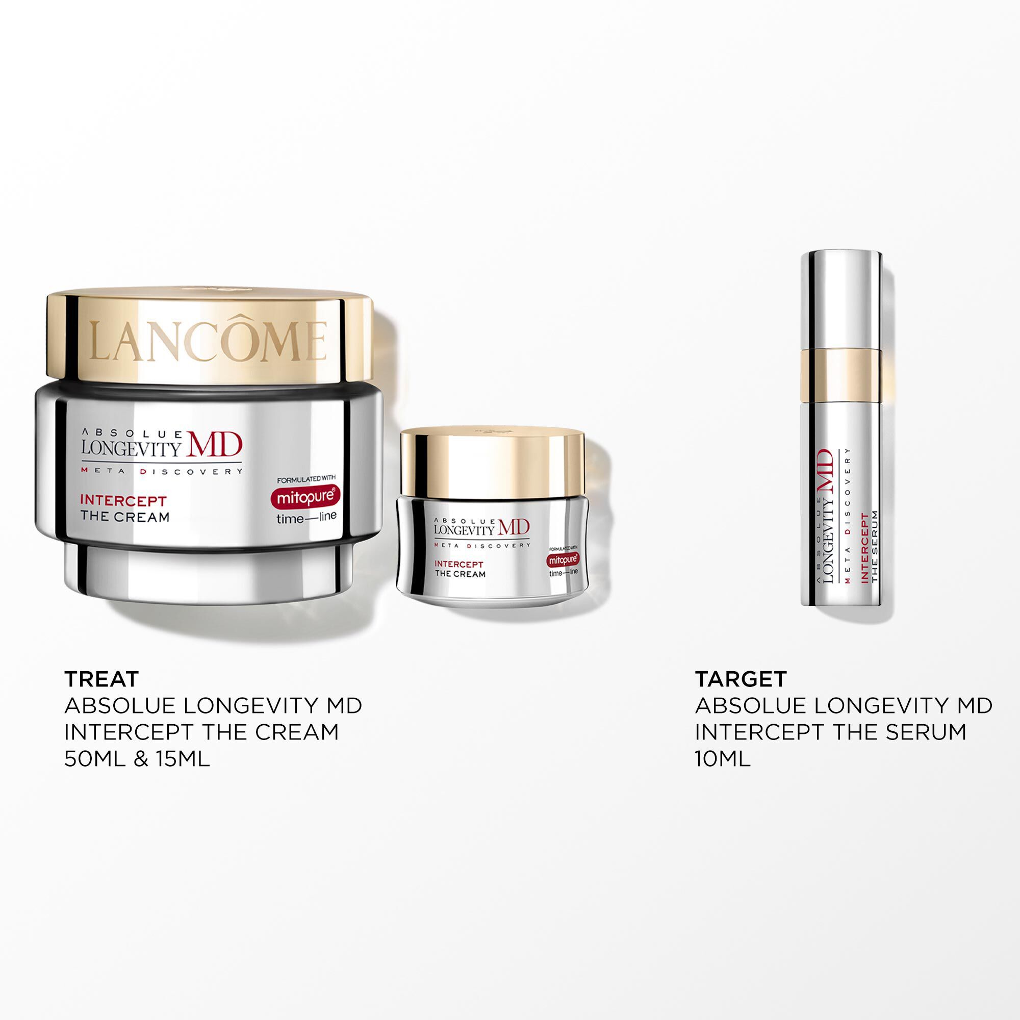 Image of the following products on a white background: - ABSOLUE LONGEVITY MD INTERCEPT CREAM 50ML - ABSOLUE LONGEVITY MD INTERCEPT CREAM 15ML MINI - ABSOLUE LONGEVITY INTERCEPT SERUM 10ML