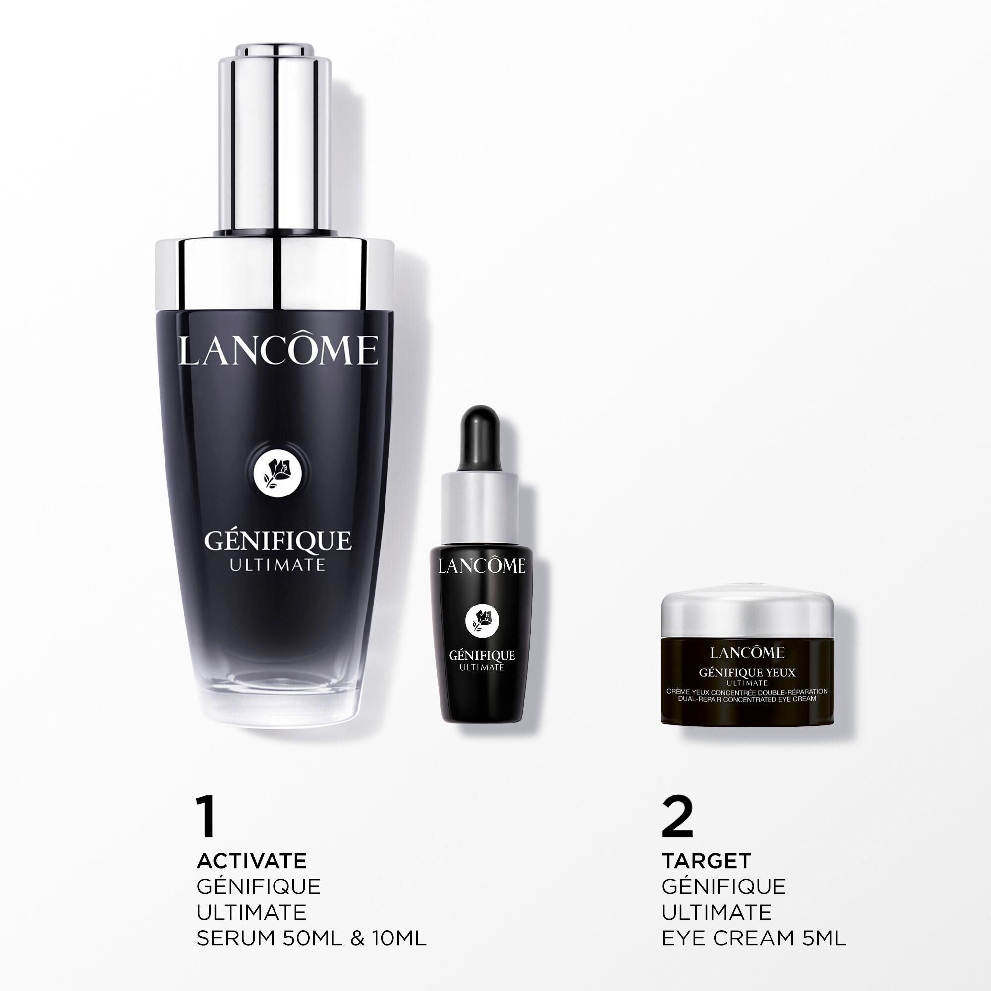 Image of the following products on a white background: - GENIFIQUE ULTIMATE SERUM 50ML - GENIFIQUE ULTIMATE SERUM 10ML - GENIFIQUE EYE CREAM 5ML MINI