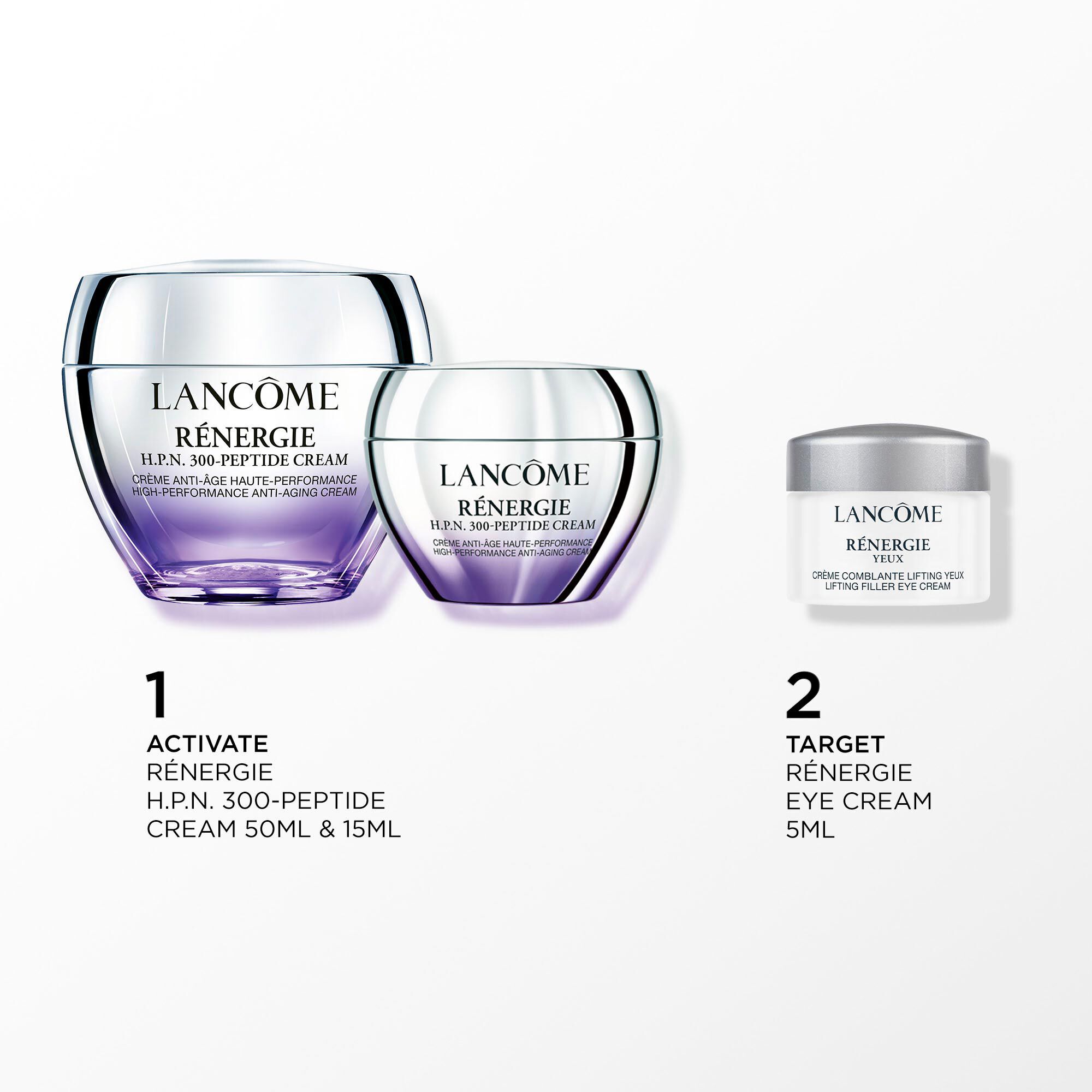 Image of the following products on a white background: - RENERGIE H.P.N 300-PEPTIDE CREAM 50ML - RENERGIE H.P.N 300-PEPTIDE CREAM 15ML - RENERGIE EYE CREAM 5ML MINI