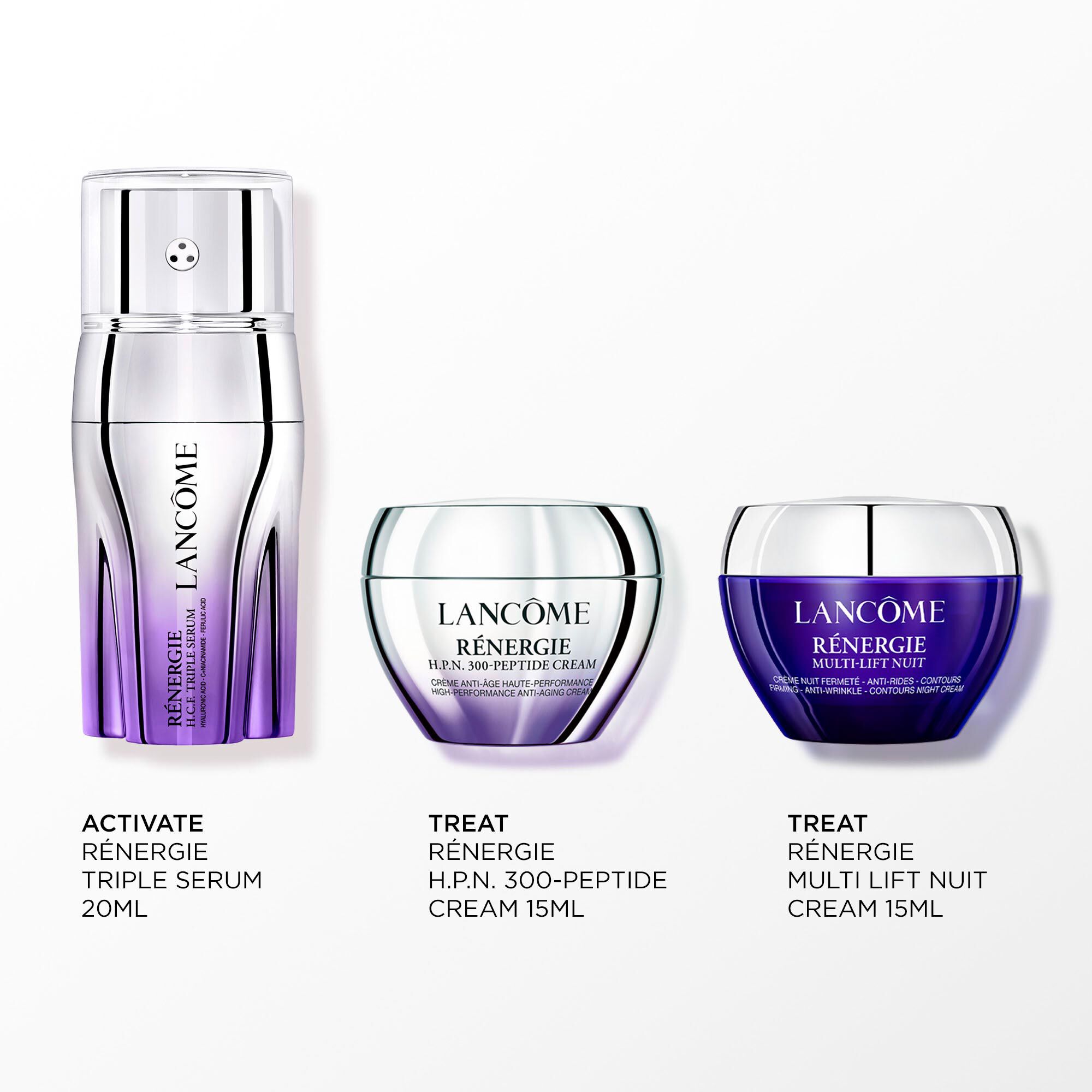 Image of the following products on a white background: - RENERGIE H.C.F TRIPLE SERUM 20ML - RENERGIE H.P.N 300-PEPTIDE CREAM 15ML - RENERGIE MULTI LIFT NUIT CREAM 15ML