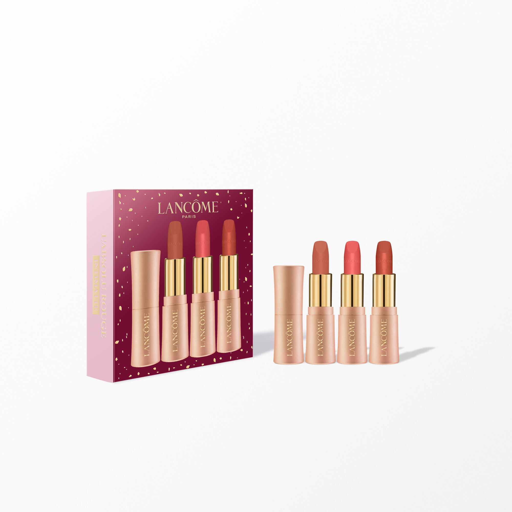 L'Absolu Rouge Initimatte holiday set containing: L'ABSOLU ROUGE INTIMATTE 210 MINI - L'ABSOLU ROUGE INTIMATTE 320 MINI - L'ABSOLU ROUGE INTIMATTE 274 MINI 