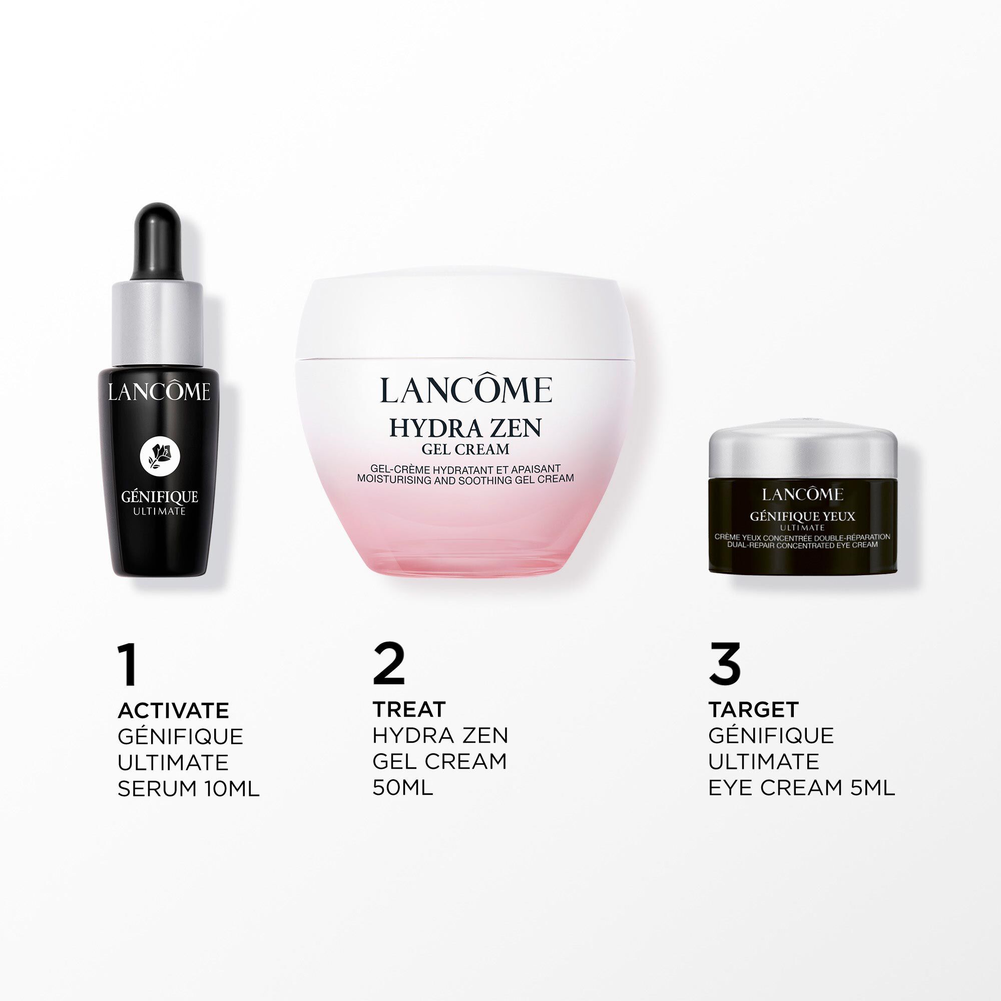 Image of the following products on a white background: - HYDRAZEN GEL CREAM 50ML - GENEFIQUE ULTIMATE SERUM 10ML - GENEFIQUE EYE CREAM 5ML MINI