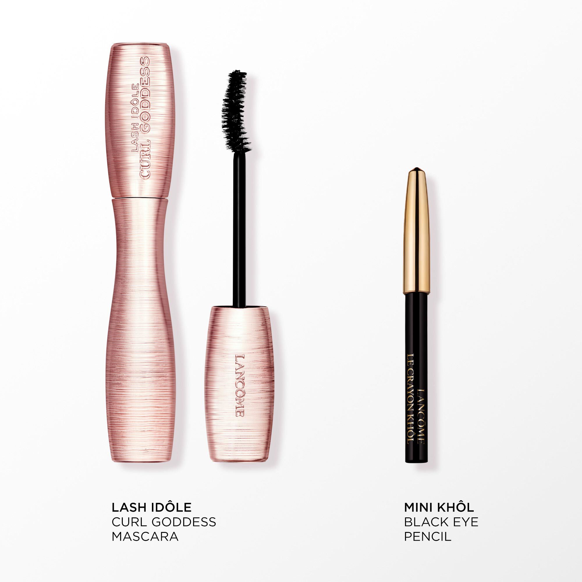 Image of the following products on a white background: FULL SIZE LASH IDOLE CURL GODDESS MASCARA - MINI CRAYON KHOL LINER