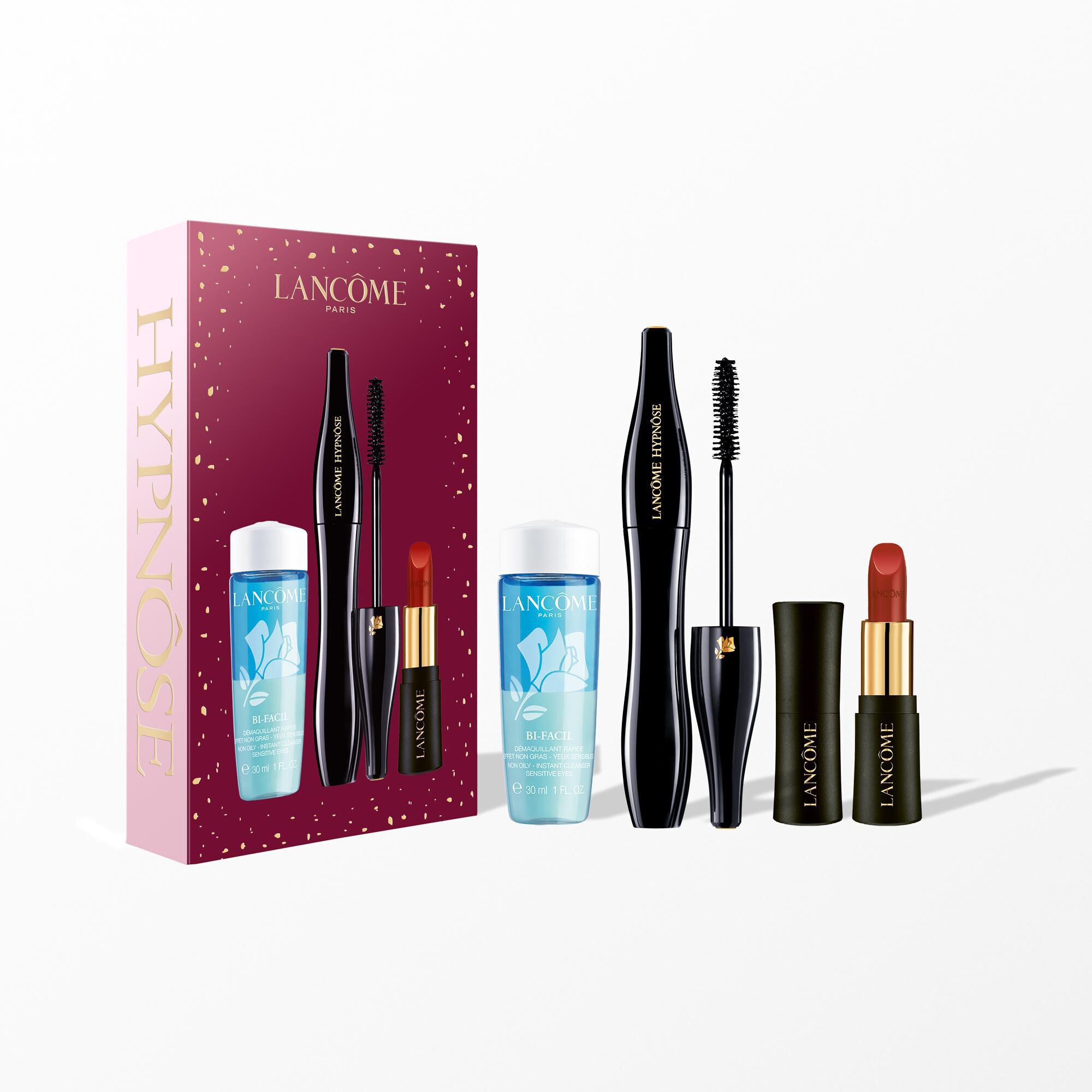 Hypnose holiday set containing: FULL SIZE HYPNOSE MASCARA - BI FACIL EYE 30ML - L'ABSOLU ROUGE CREAM 196 MINI