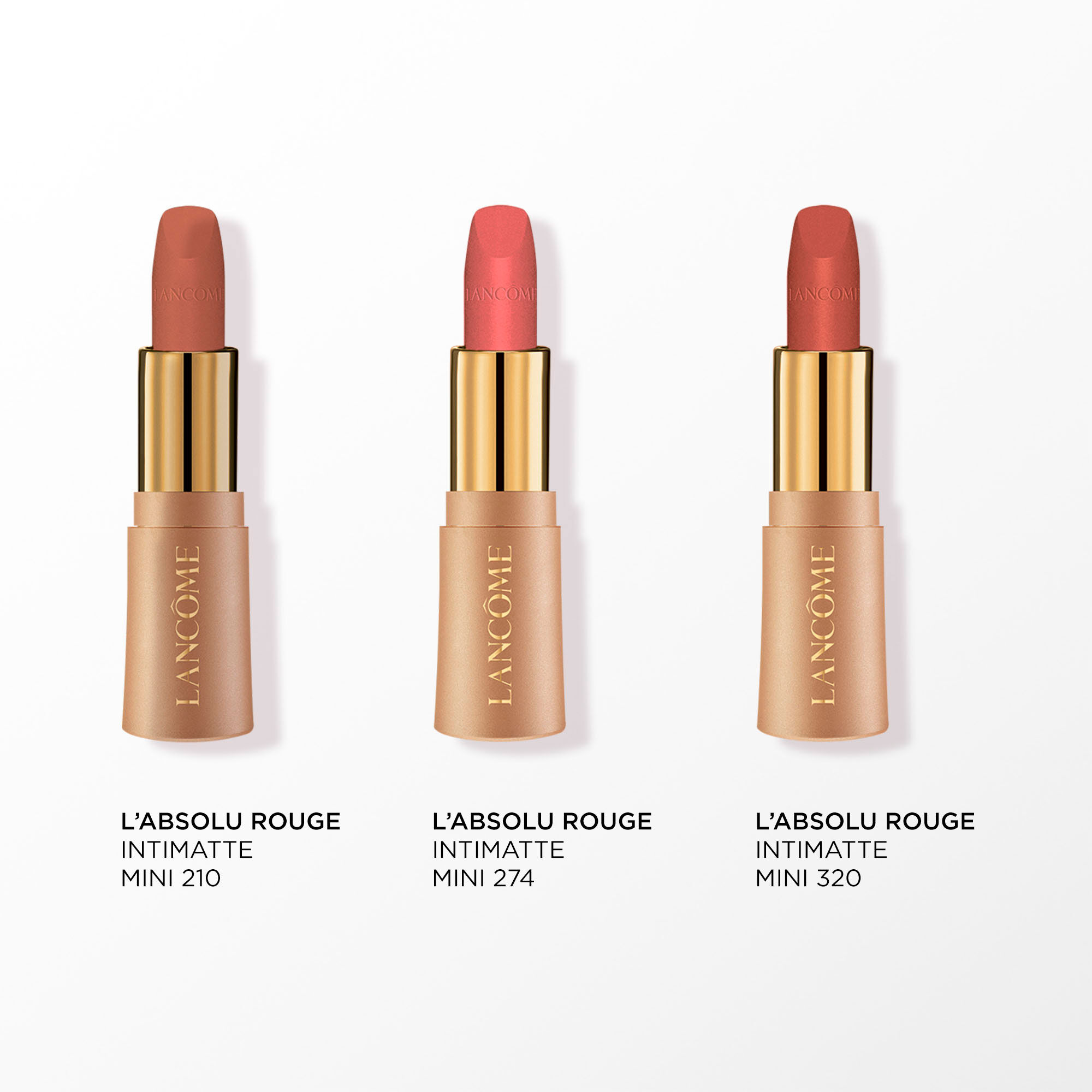 Image of the following products on a white background: L'ABSOLU ROUGE INTIMATTE 210 MINI - L'ABSOLU ROUGE INTIMATTE 320 MINI - L'ABSOLU ROUGE INTIMATTE 274 MINI 
