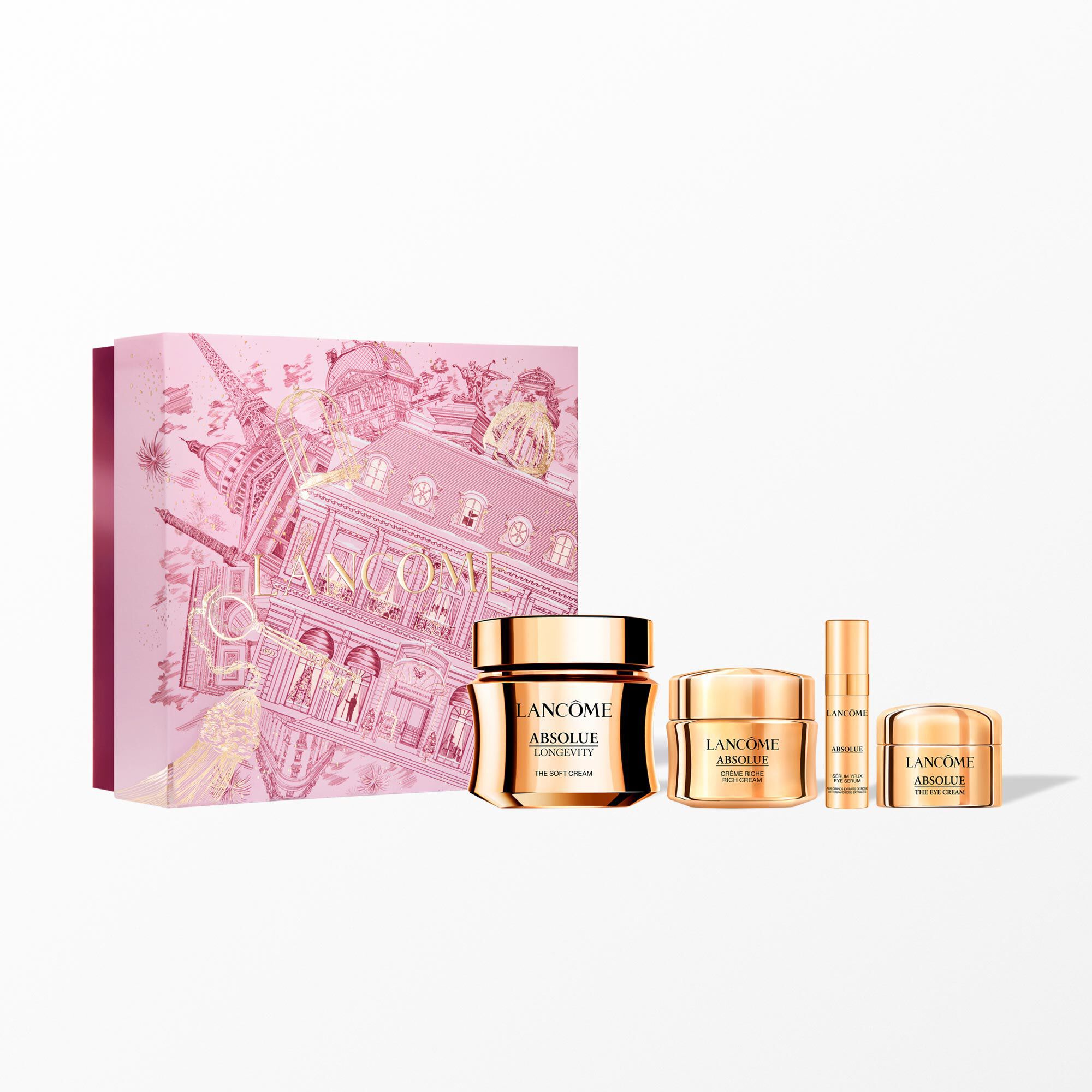 Absolue holiday set containing: - ABSOLUE LONGEVITY SOFT CREAM 60ML - ABSOLUE SERUM 5ML MINI - ABSOLUE EYE CREAM 5ML MINI - ABSOLUE RICH CREAM 15ML MINI