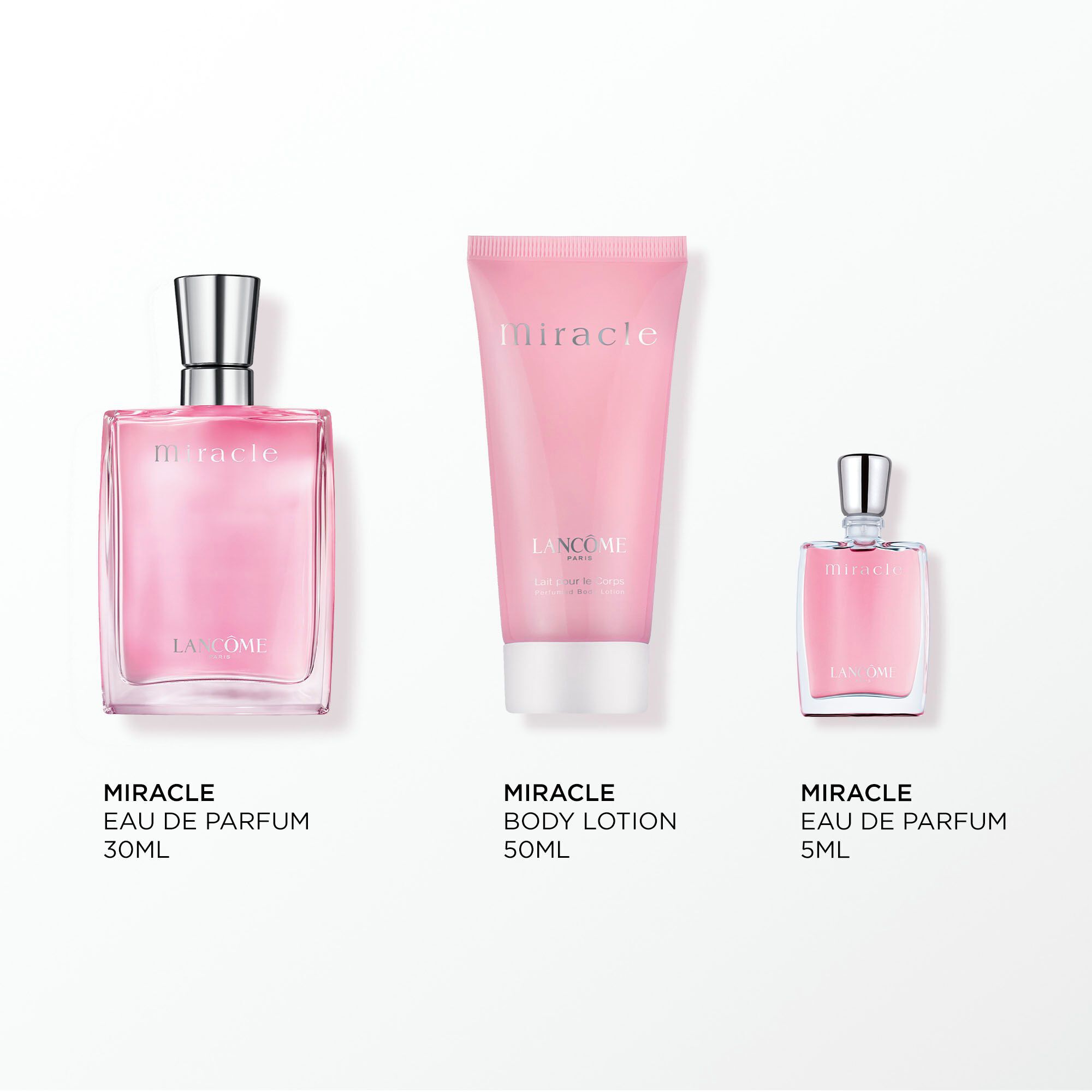 Image of the following products on a white background: MIRACLE EDP 30ML - MIRACLE BODY LOTION 50ML - MIRACLE EDP MINI 5ML