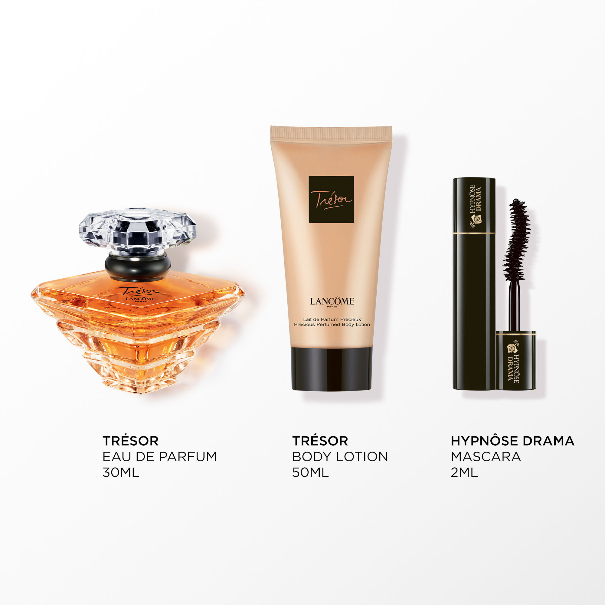 Image of the following products on a white background: TRESOR  EDP 30ML - TRESOR BODY LOTION 50ML - HYPNOSE MASCARA MINI 2ML
