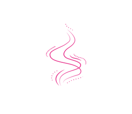 A stylized design featuring flowing pink lines with dots, set against a black background.