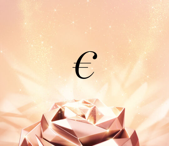 A shimmering, stylized rose in shades of pink and gold, with a euro symbol (€) placed at the center against a soft, sparkling background.