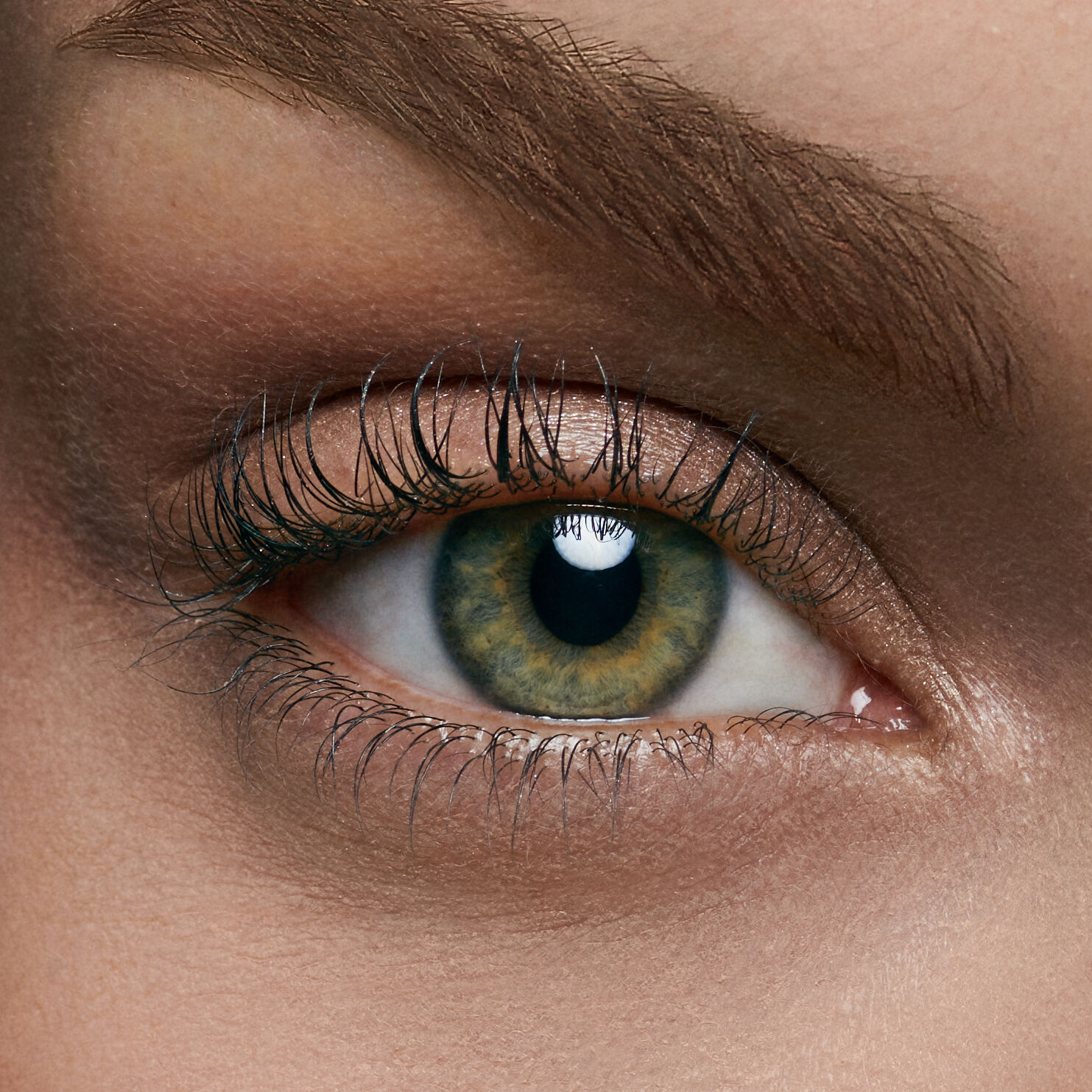 Close-up of a human eye with green and brown hues, featuring long eyelashes and well-groomed eyebrows.