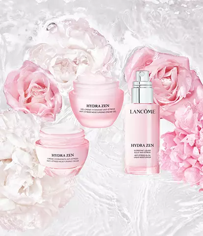 Image of Lancome's Hydra Zen skincare line, featuring two cream jars and a serum bottle surrounded by pink roses and peonies, set against a water-like background.