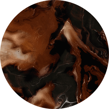 Abstract circular design featuring rich swirls of brown, black, and white reminiscent of marble or natural stone.