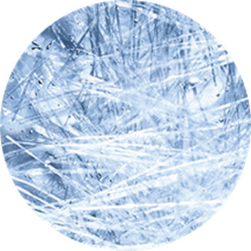 A round, abstract image featuring swirling patterns of icy blue and white, resembling frozen textures or frost.