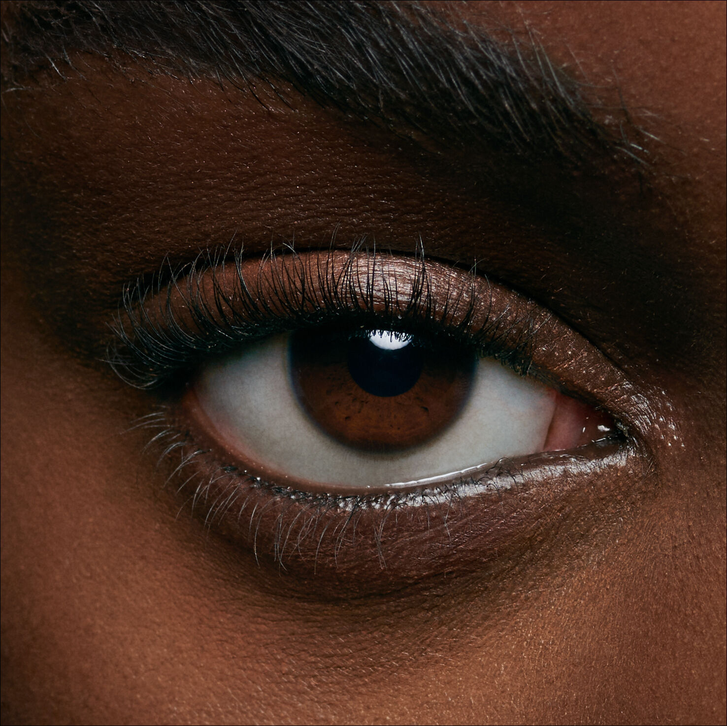 Close-up of a brown eye, highlighting the iris, eyelashes, and skin surrounding the eye.
