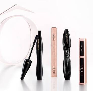 An image showcasing various Lancome mascaras and an eyeliner, including Lancome Hypnose, Idole Lash, and Hypnose Drama.