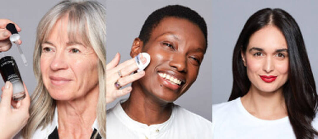 A split image featuring three individuals. On the left, a woman with long gray hair holds a skincare serum. In the center, a smiling individual with dark skin and a short haircut has their cheek touched with a product applicator. On the right, a woman with long dark hair applies red lipstick, looking confidently at the camera.