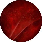 A circular image featuring a deep red background with subtle textures and hints of lighter shades, creating a sense of depth and movement.