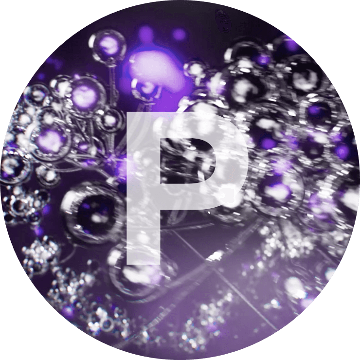 Abstract design featuring metallic spheres and purple tones, with a prominent letter 'P' in the center.