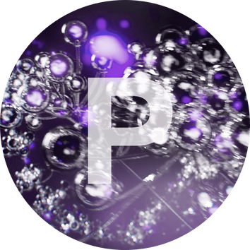 Abstract design featuring metallic spheres and purple tones, with a prominent letter 'P' in the center.