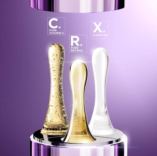 An image featuring three skincare serum bottles labeled with ingredients: "C. Pure Vitamin C" in a gold-colored bottle, "R. Pure Retinol" in a golden-brown bottle, and "X. X-Peptide" in a clear bottle, all set against a purple background.