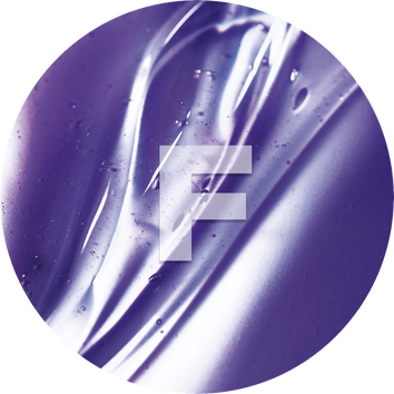 Abstract purple fluid with a glossy texture and a stylized white 'F' in the center.