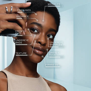 A young woman takes a selfie while labels point to various skin concerns, including wrinkles, fine lines, radiance, crow's feet, under-eye bags, texture, uneven tone, and firmness.