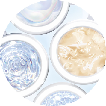 Various cosmetic gel textures in round containers, showcasing clear, blue, and beige formulations against a light background.