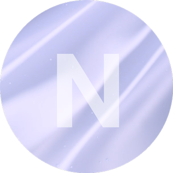 A circular image featuring a large white 'N' against a soft, light purple background with subtle texture.