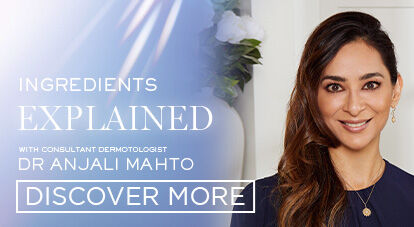 A promotional image featuring Dr. Anjali Mahto, a consultant dermatologist, with the text "Ingredients Explained." The background is softly colored, and there's a button or link to "Discover More."