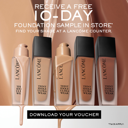 Promo image for Lancome featuring bottles of foundation with a message about receiving a free 10-day foundation sample in store, encouraging customers to find their shade and download a voucher.