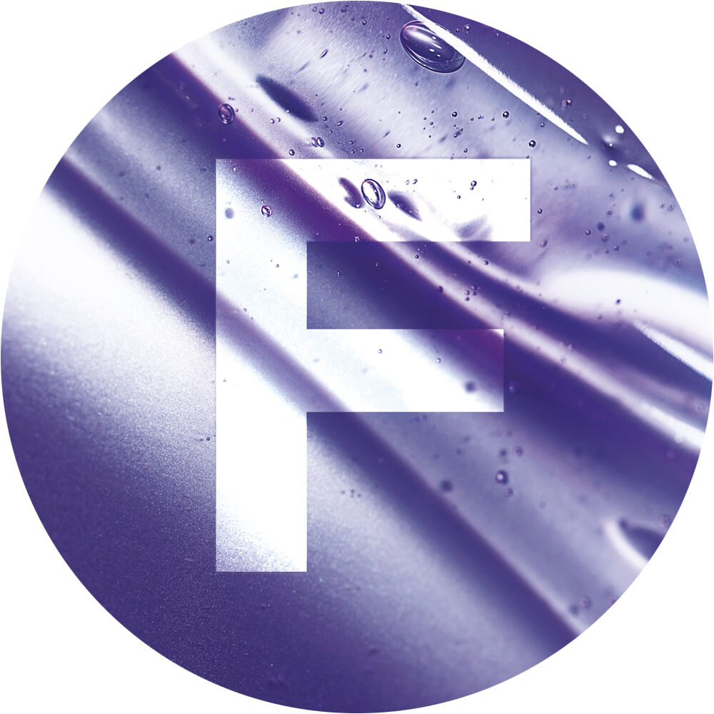 A circular graphic featuring a large, white letter "F" overlaying a textured, purple background with bubbles and reflective surfaces.