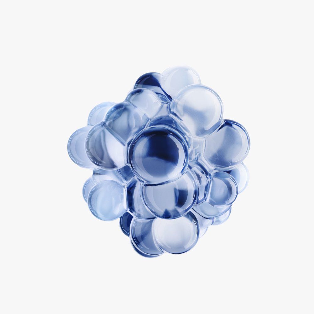 Abstract 3D composition of translucent blue spheres clustered together, creating a visually striking organic shape.