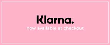 Logo of Klarna with the text "now available at checkout" on a pink background.