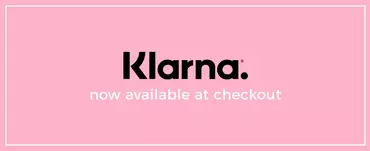 Logo of Klarna with the text "now available at checkout" on a pink background.
