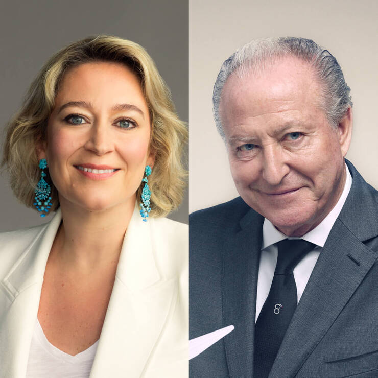 A split image featuring a smiling woman in a white blazer and blue earrings, alongside a confident man in a gray suit.