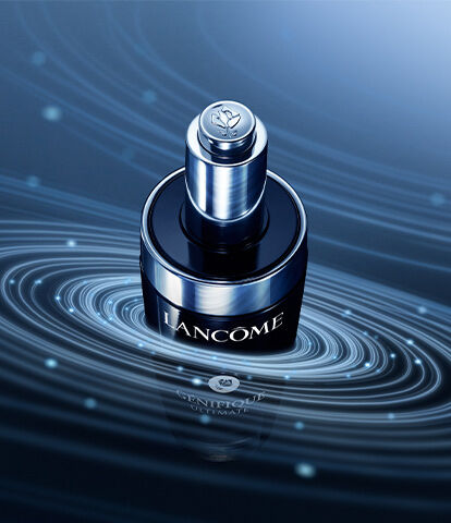 A sleek bottle of Lancome skincare product is centered in a swirling blue background, conveying a sense of luxury and sophistication.