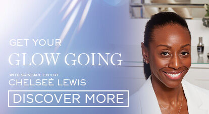 A skincare advertisement featuring a smiling woman, Chelsee Lewis, promoting a glowing skin care routine. The text invites viewers to "Get Your Glow Going" and offers an option to "Discover More."
