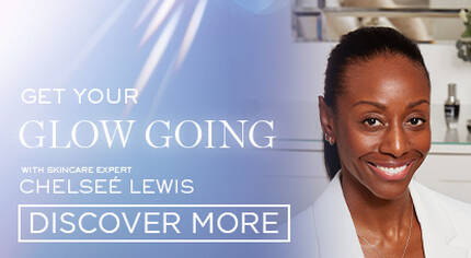 A skincare advertisement featuring a smiling woman, Chelsee Lewis, promoting a glowing skin care routine. The text invites viewers to "Get Your Glow Going" and offers an option to "Discover More."