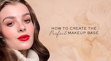 A woman with red lipstick and eye makeup is shown next to text that reads "HOW TO CREATE THE Perfect MAKEUP BASE" on a warm, swirled background.