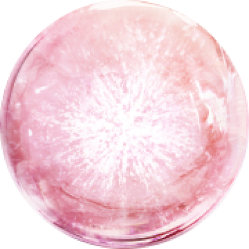 A luminous, pink sphere with a sparkling, translucent surface, emanating a soft glow.