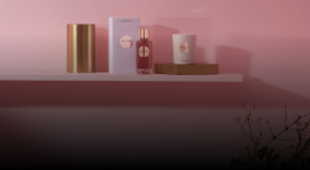A minimalist display of luxury beauty products including a bottle and candle on a shelf against a soft pink background. Elegant packaging is complemented by decorative elements like a branch and stacked books.