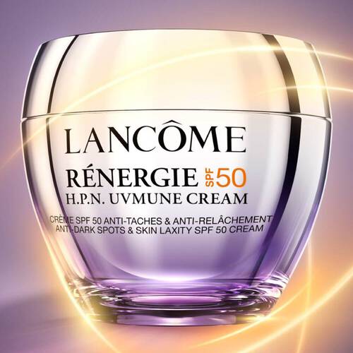 A jar of Lancome Renergie H.P.N. Uvimmune Cream with SPF 50, featuring a sleek, glossy design and a soft purple gradient background.