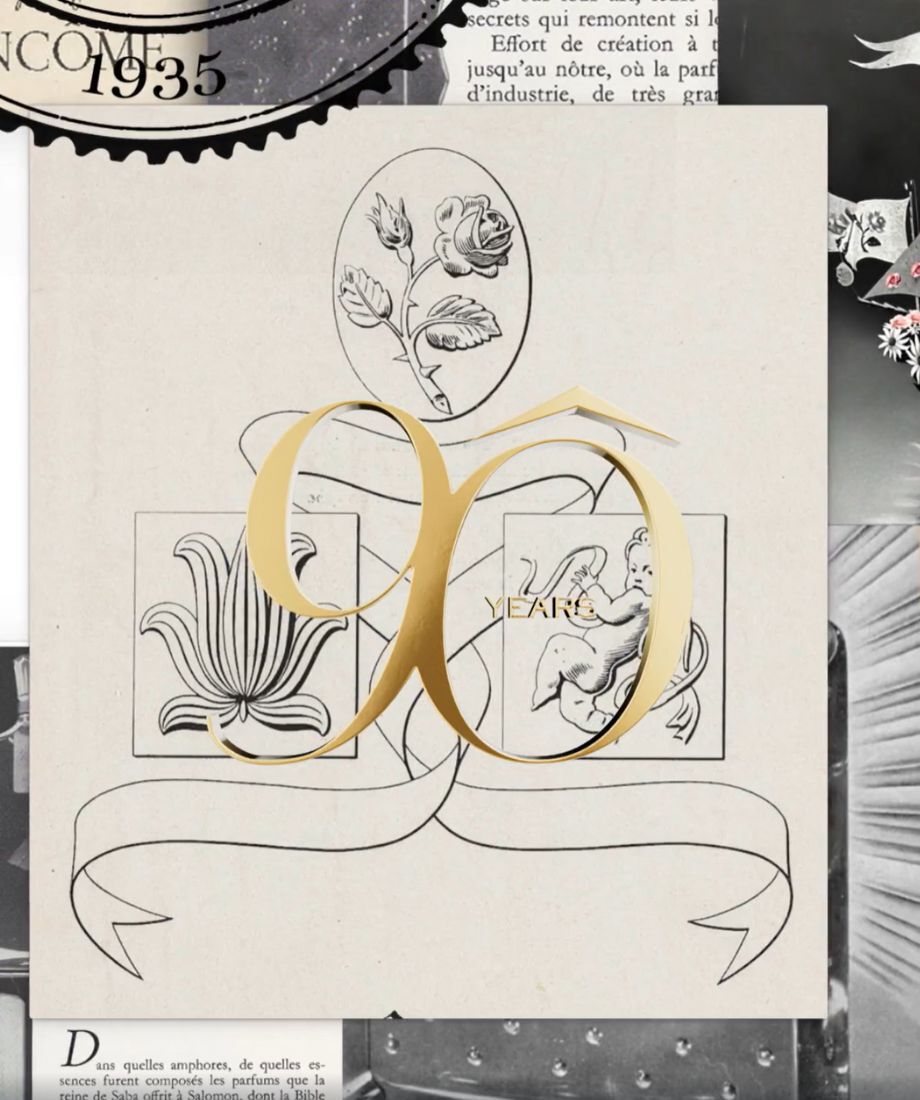 A vintage-style image celebrating 90 years of Lancome, with the year 1935 prominently displayed, intricate botanical and cherub illustrations, and French text.