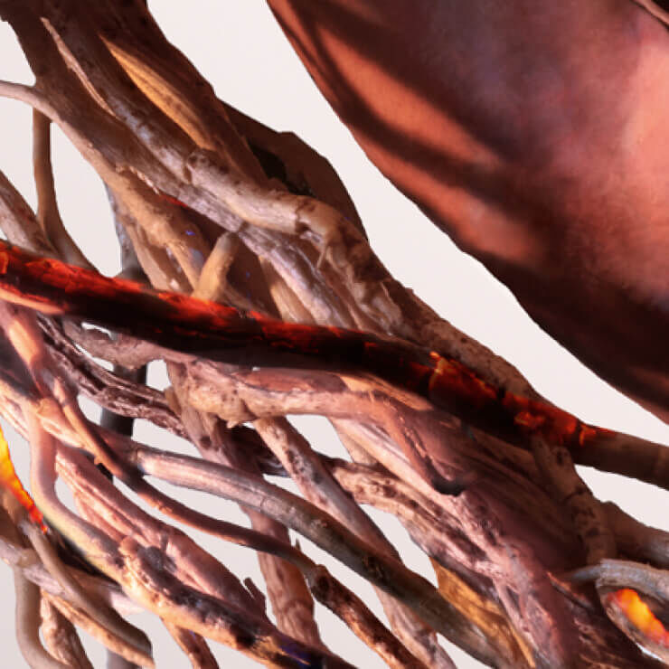 Close-up of intricate, intertwined wooden branches with a glossy, molten-like surface, highlighting organic textures and colors.