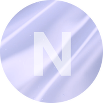 A simple, circular graphic featuring a large, white letter 'N' on a soft lavender background with a subtle sheen.