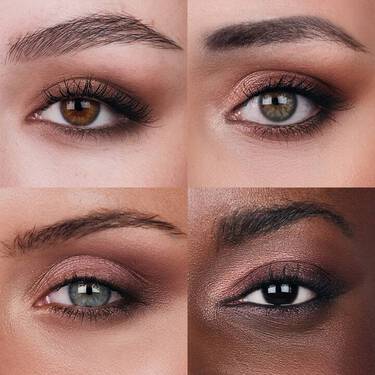 A close-up shot of 4 models’ eyes, with differing eye colours and skin tones. All Models are wearing Lancome’s Autumnal IDOLE CAFE CRUSH MAXI PALETTE X SHEIKA DALEY